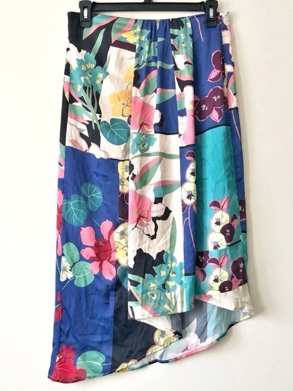 Zara Satin Effect Tropical Patchwork Print Midi Skirt Euro Summer Sz M